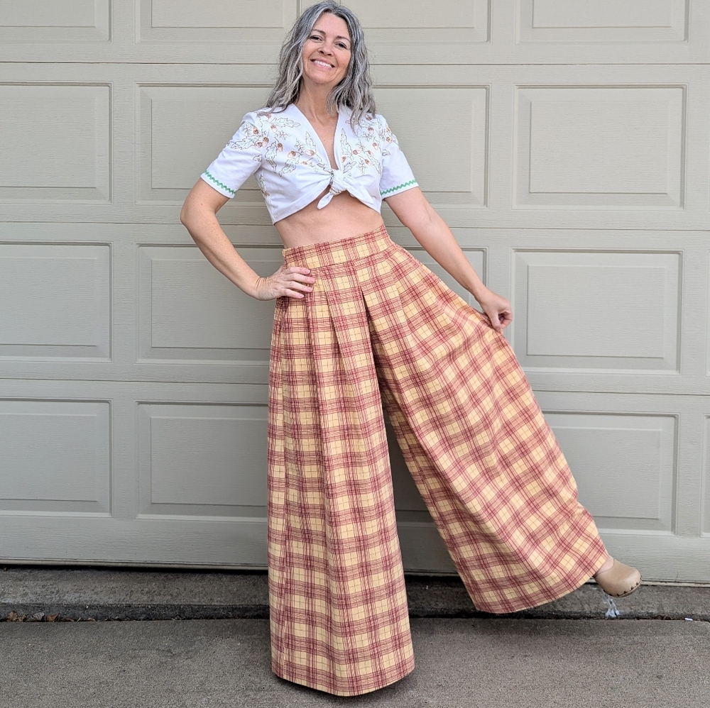 WIDE LEG PALAZZO PANTS plaid upcycled M